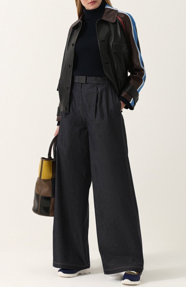 Кожаная куртка с отложным воротником и контрастной отделкой 1