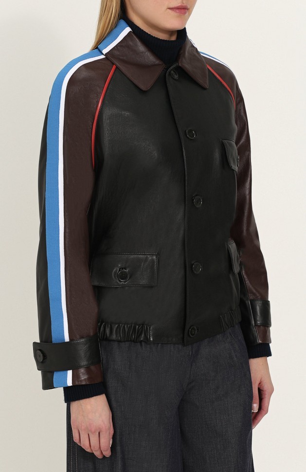 Кожаная куртка с отложным воротником и контрастной отделкой 1
