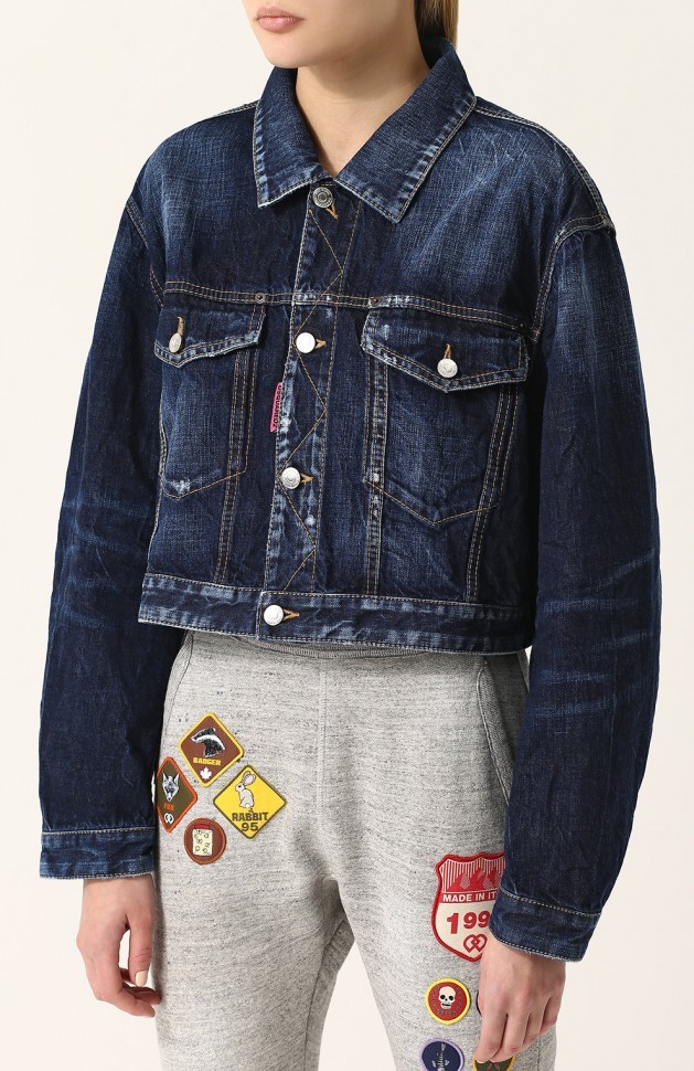 Укороченная джинсовая куртка с потертостями