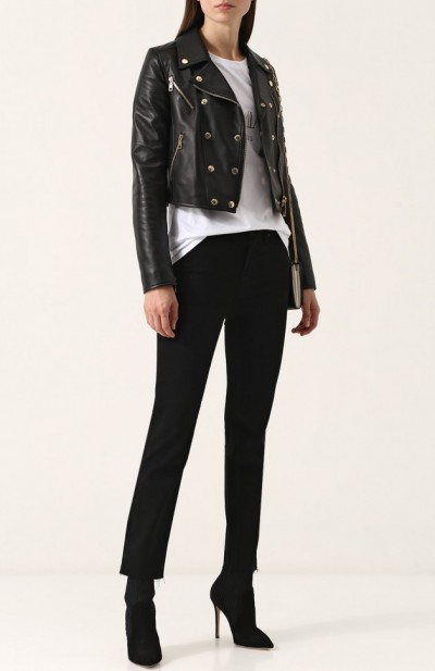 Укороченная кожаная куртка с косой молнией