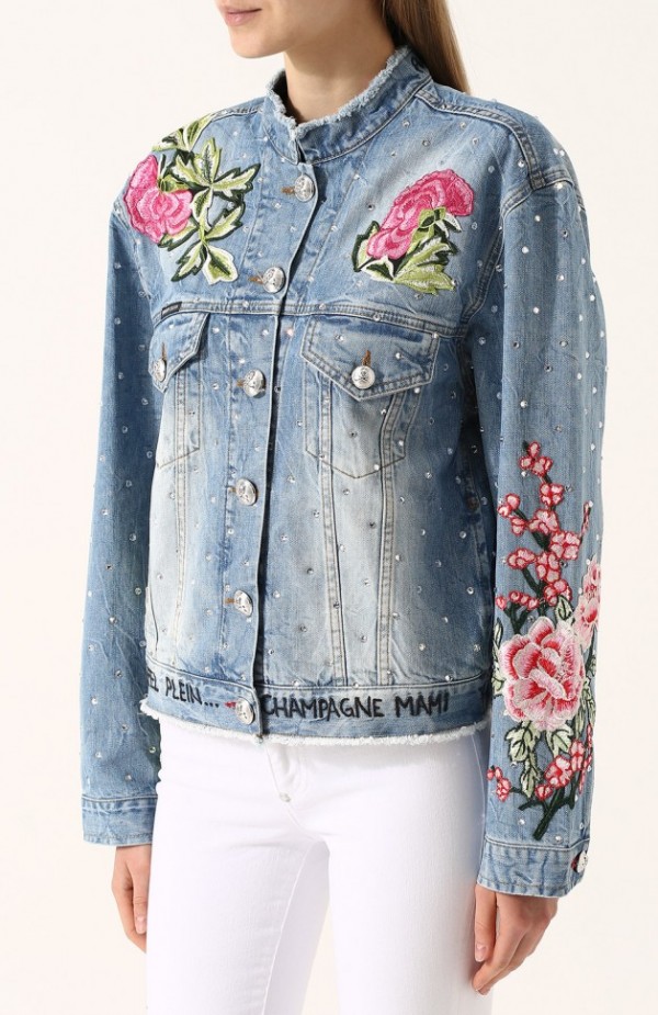 Джинсовая куртка с потертостями и вышивкой 1